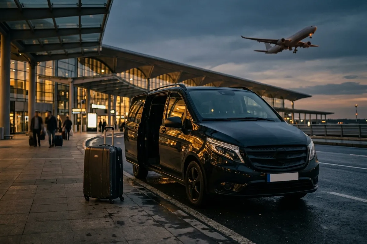 İstanbul havalimanı terminali önünde valizle bekleyen siyah VIP minibüs ve gökyüzünde kalkan uçak — havalimanı transfer