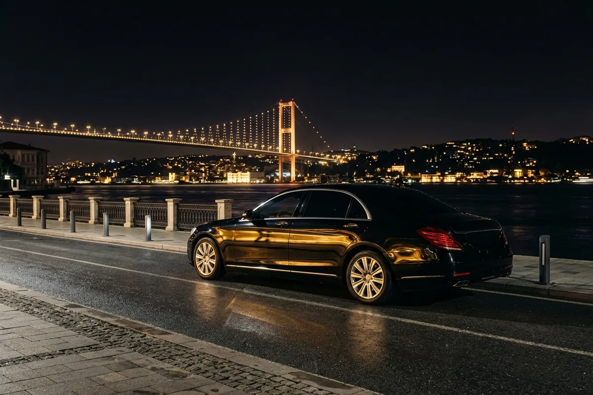 Gece Boğaz Köprüsü ışıkları önünde Boğaz kıyısında bekleyen siyah lüks sedan — VIP transfer